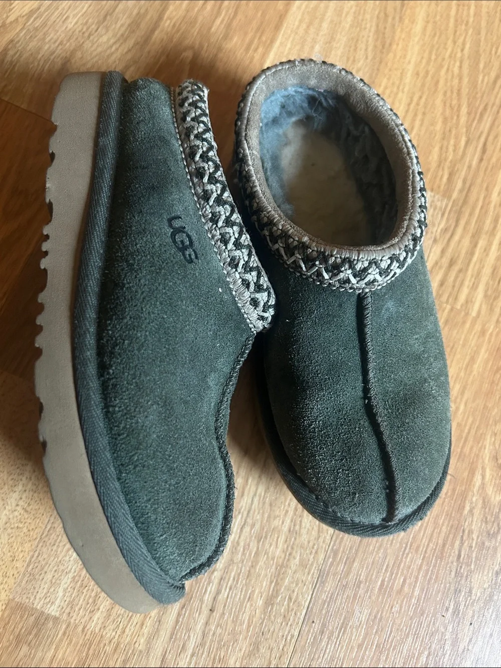 UGG Kids Dark Green Suede Slip-On Slippers with Braided Trim